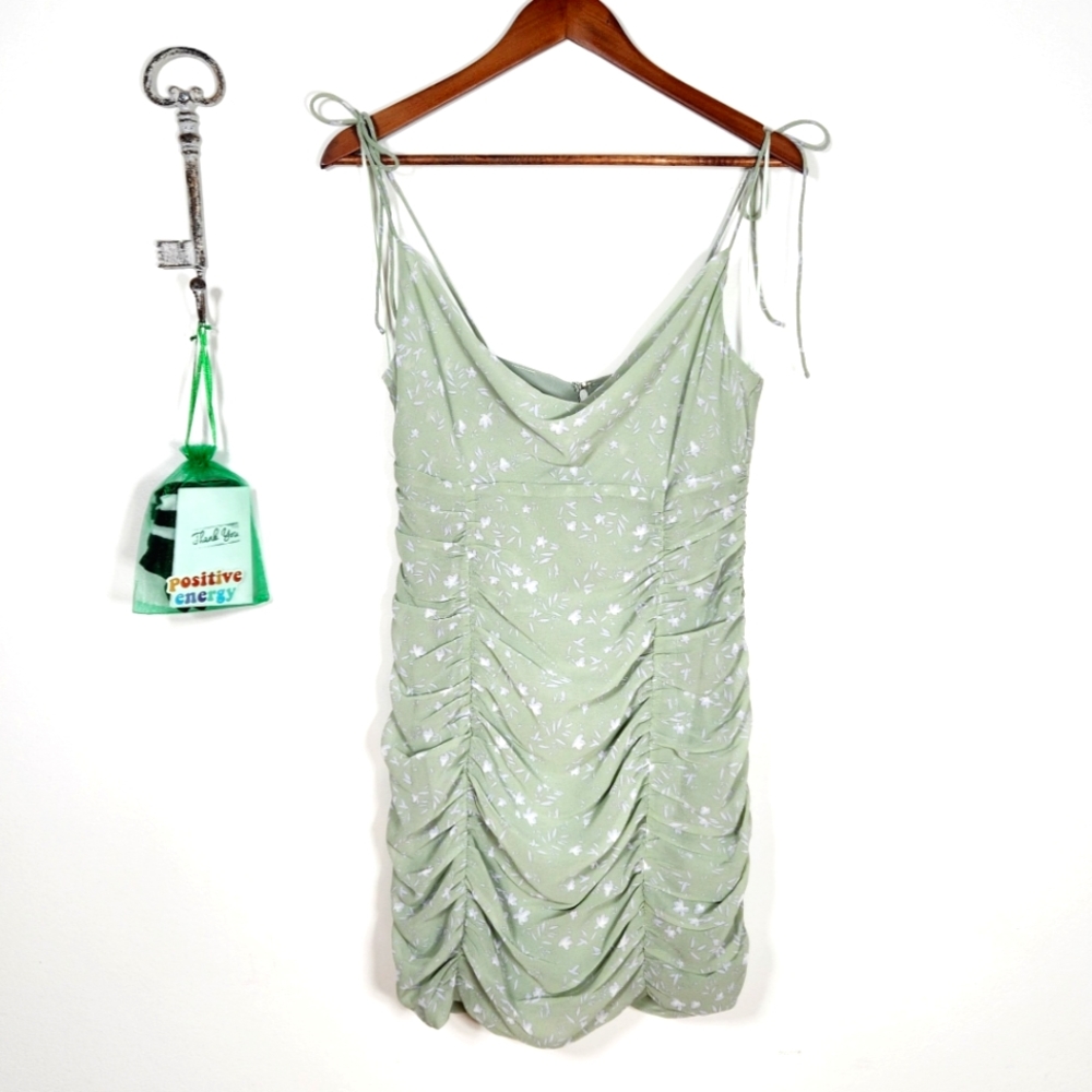 LE LIS sexy summer dress. Pastel Sage green ruching and tie straps